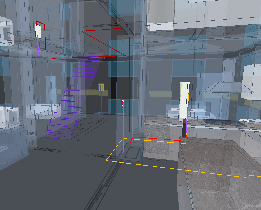Innenraumansicht einer 3D-Elektroplanung mit sichtbaren Leitungswegen