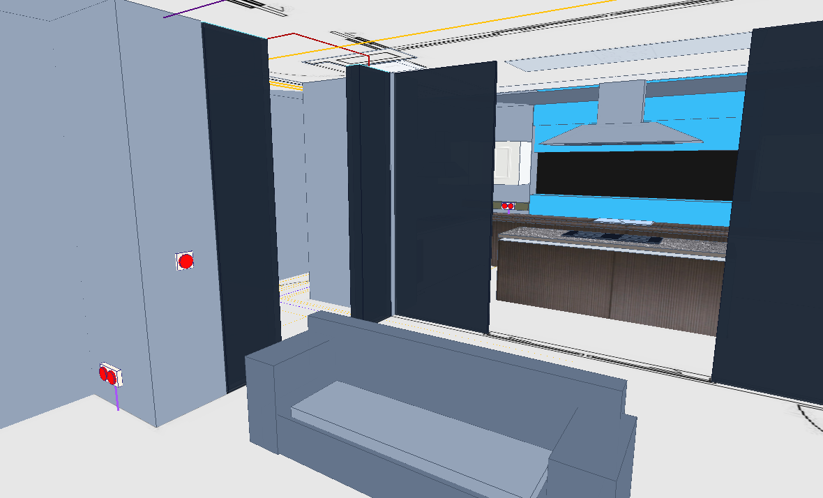 Begehbare Innenraumansicht einer 3D-Elektroplanung mit sichtbaren Schalter- und Steckdosenpositionen